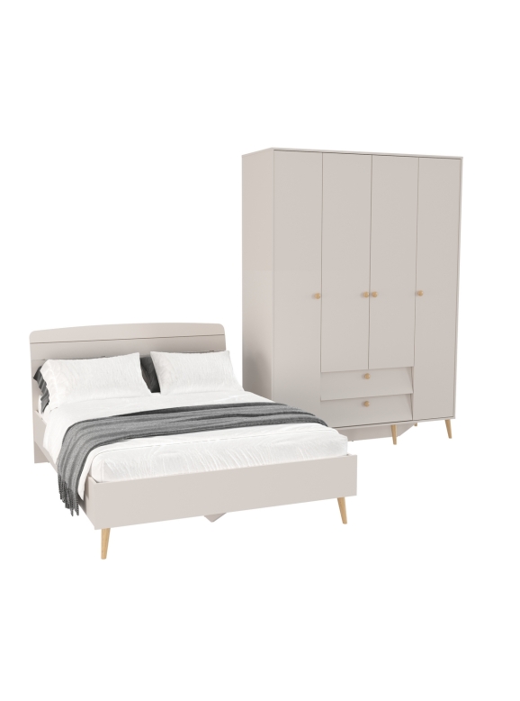 Афина Спальня Кровать 1400 + Шкаф 4-х дверный, цвет кашемир серый, ШхГхВ 144,6х210,2х95,7 + 160х56,3х220 см., сп.м. 1400х2000 мм., б/м, осн. есть
