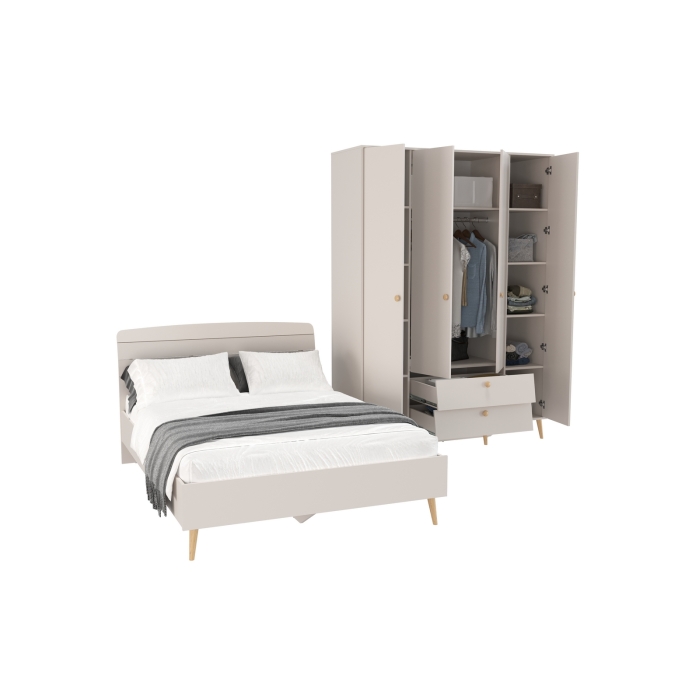 Афина Спальня Кровать 1400 + Шкаф 4-х дверный, цвет кашемир серый, ШхГхВ 144,6х210,2х95,7 + 160х56,3х220 см., сп.м. 1400х2000 мм., б/м, осн. есть