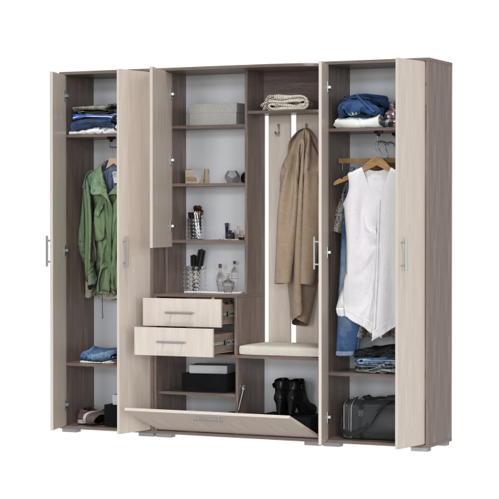 Прихожая Домино 4, цвет бодега тёмный/бодега светлый, ШхГхВ 220х36х202 см., универсальная сборка