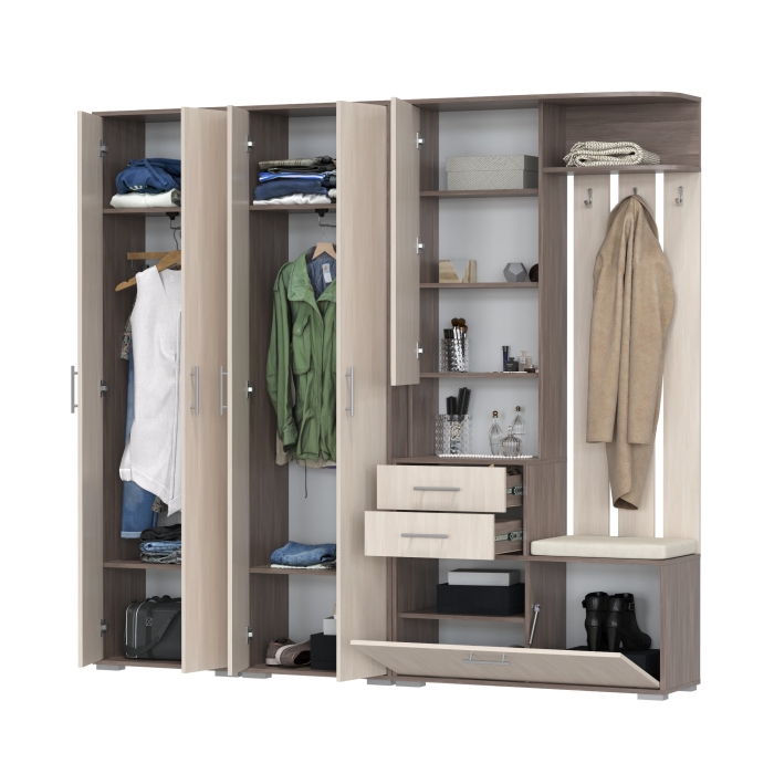 Прихожая Домино 4, цвет бодега тёмный/бодега светлый, ШхГхВ 220х36х202 см., универсальная сборка