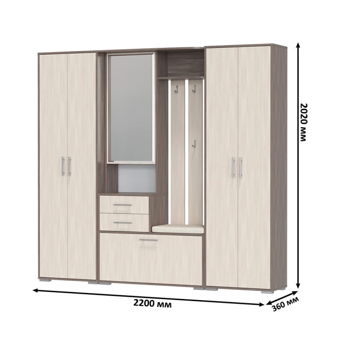Прихожая Домино 4, цвет бодега тёмный/бодега светлый, ШхГхВ 220х36х202 см., универсальная сборка