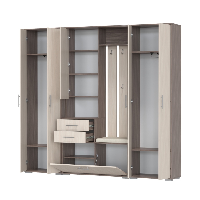 Прихожая Домино 4, цвет бодега тёмный/бодега светлый, ШхГхВ 220х36х202 см., универсальная сборка