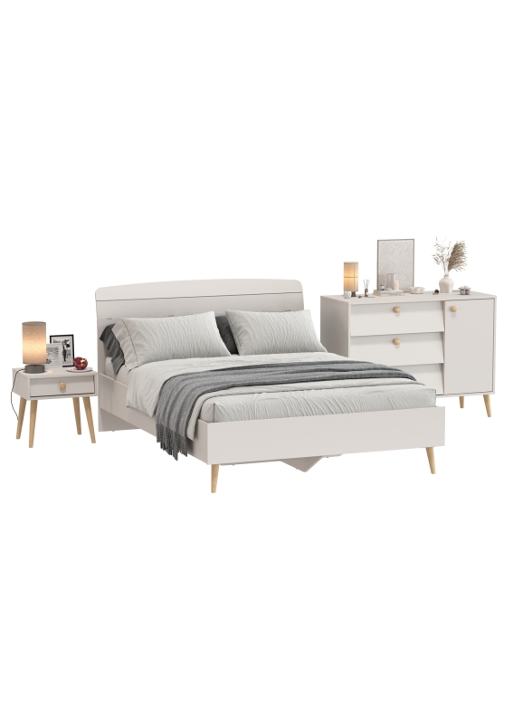 Афина Спальня Кровать 1400 + Комод + Тумба, цвет кашемир серый, ШхГхВ 144,6х210,2х95,7 + 110х45,3х83 + 45х37х45 см., 1400х2000 мм., б/м, осн. есть