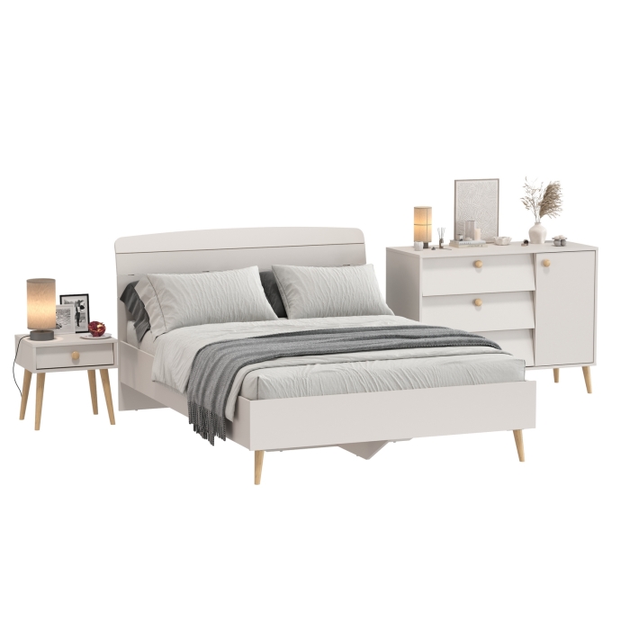 Афина Спальня Кровать 1400 + Комод + Тумба, цвет кашемир серый, ШхГхВ 144,6х210,2х95,7 + 110х45,3х83 + 45х37х45 см., 1400х2000 мм., б/м, осн. есть