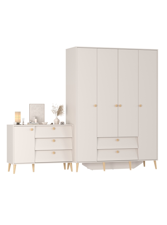 Афина Спальня Шкаф 4-х дверный + Комод с дверкой и тремя ящиками, цвет кашемир серый, ШхГхВ 160х56,3х220 + 110х45,3х83 см., универсальная сборка