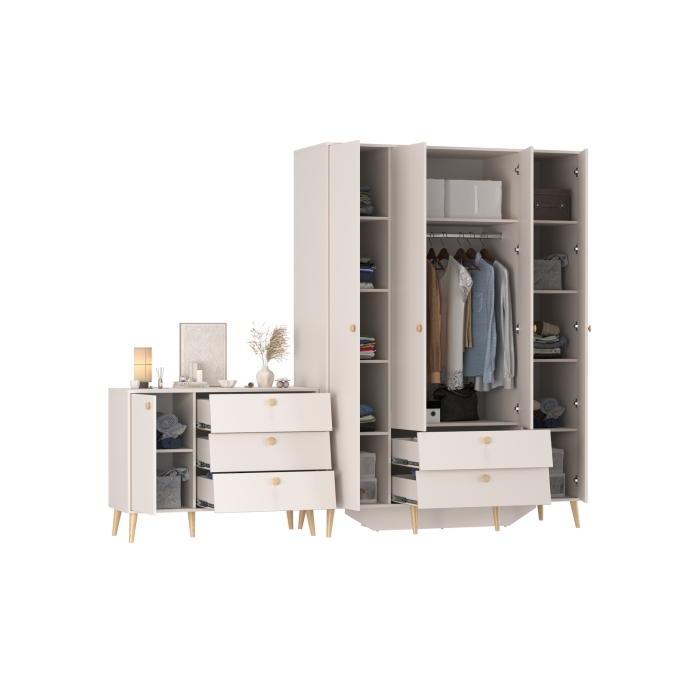 Афина Спальня Шкаф 4-х дверный + Комод с дверкой и тремя ящиками, цвет кашемир серый, ШхГхВ 160х56,3х220 + 110х45,3х83 см., универсальная сборка