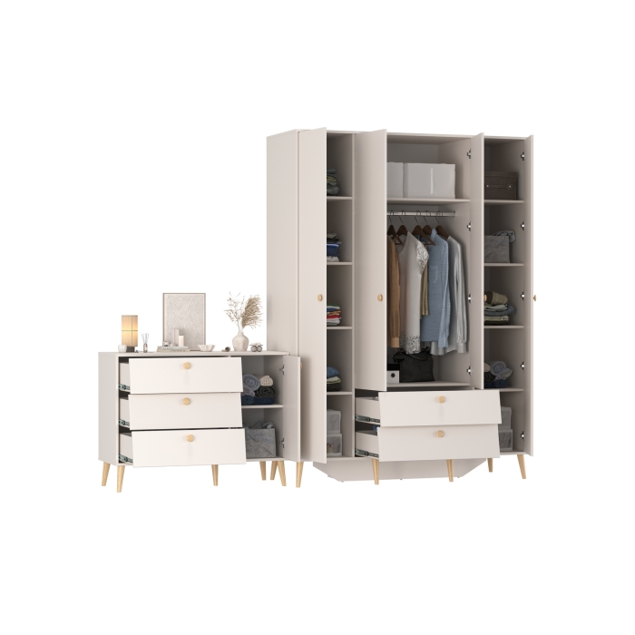 Афина Спальня Шкаф 4-х дверный + Комод с дверкой и тремя ящиками, цвет кашемир серый, ШхГхВ 160х56,3х220 + 110х45,3х83 см., универсальная сборка