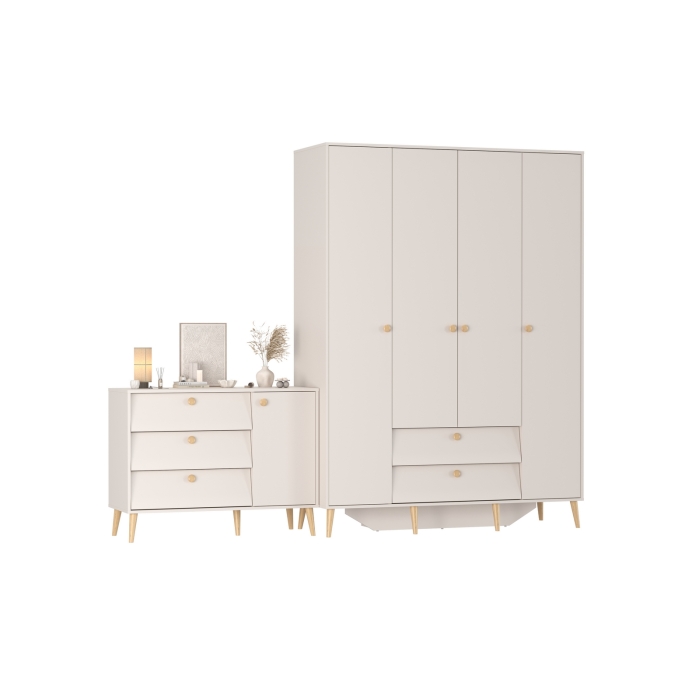 Афина Спальня Шкаф 4-х дверный + Комод с дверкой и тремя ящиками, цвет кашемир серый, ШхГхВ 160х56,3х220 + 110х45,3х83 см., универсальная сборка