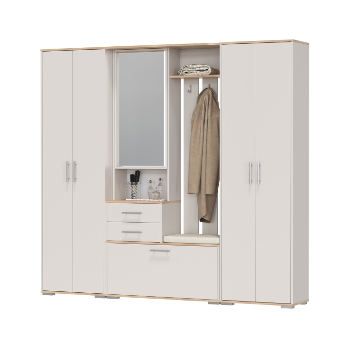 Прихожая Домино 4, цвет дуб крафт золотой/кашемир серый, ШхГхВ 220х36х202 см., универсальная сборка