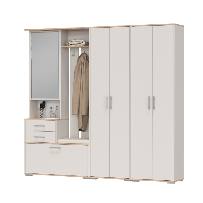 Прихожая Домино 4, цвет дуб крафт золотой/кашемир серый, ШхГхВ 220х36х202 см., универсальная сборка