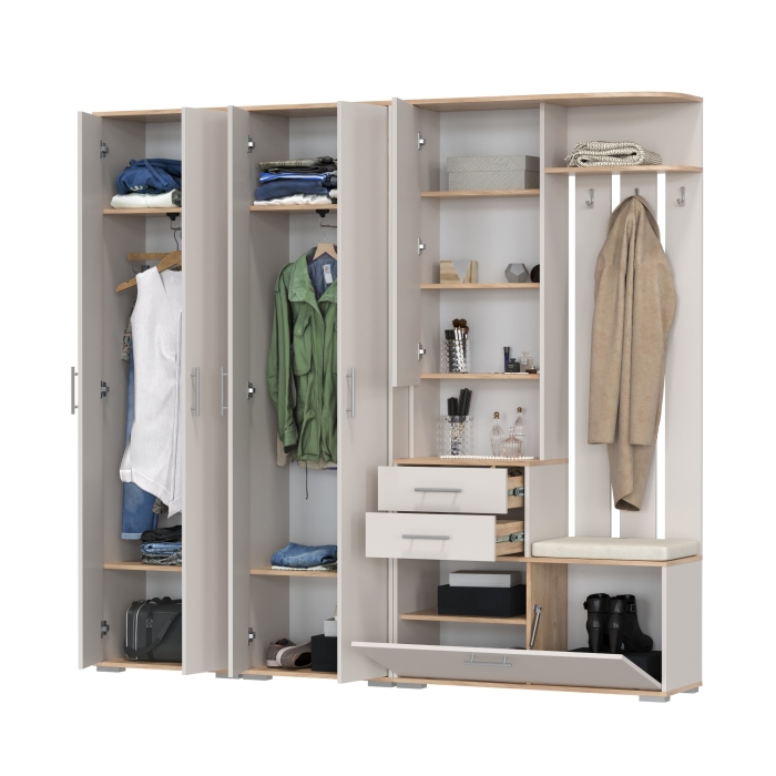 Прихожая Домино 4, цвет дуб крафт золотой/кашемир серый, ШхГхВ 220х36х202 см., универсальная сборка