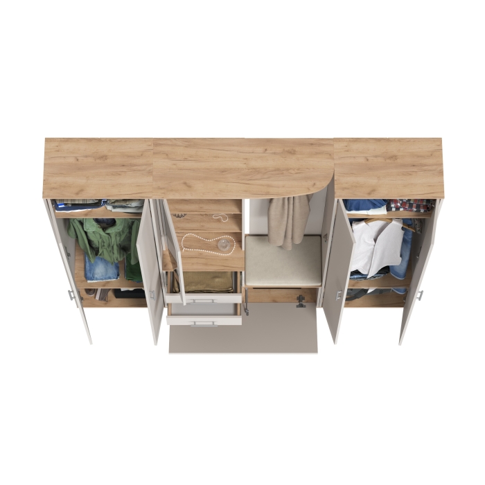 Прихожая Домино 4, цвет дуб крафт золотой/кашемир серый, ШхГхВ 220х36х202 см., универсальная сборка