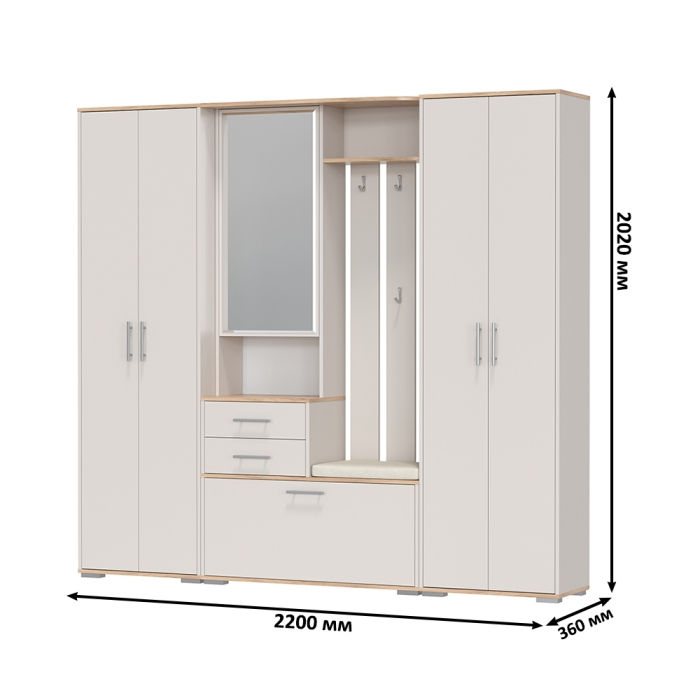 Прихожая Домино 4, цвет дуб крафт золотой/кашемир серый, ШхГхВ 220х36х202 см., универсальная сборка