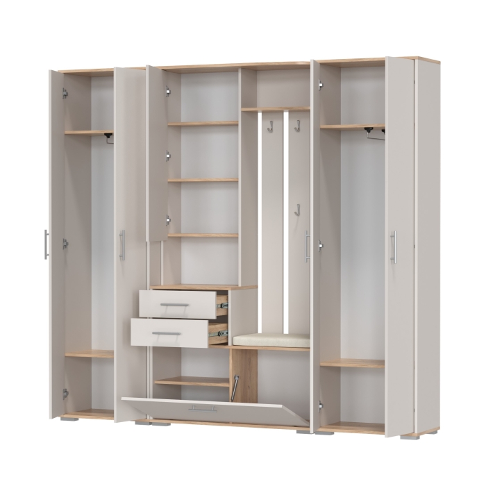 Прихожая Домино 4, цвет дуб крафт золотой/кашемир серый, ШхГхВ 220х36х202 см., универсальная сборка