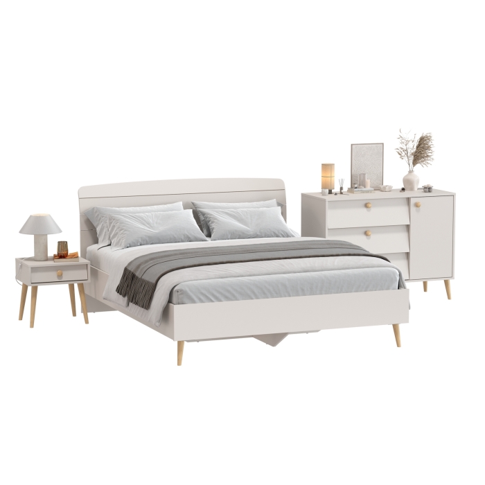 Афина Спальня Кровать 1600 + Комод + Тумба, цвет кашемир серый, ШхГхВ 164,6х210,2х95,6 + 110х45,3х83 + 45х37х45 см., 1600х2000 мм., б/м, осн. есть