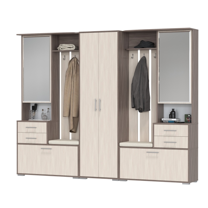 Прихожая Домино 3, цвет бодега тёмный/бодега светлый, ШхГхВ 260х36х202 см., универсальная сборка