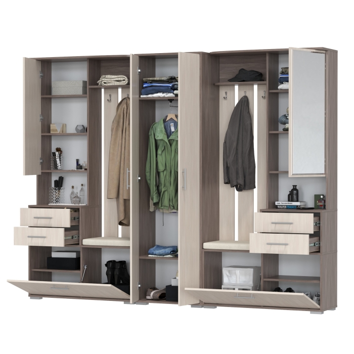 Прихожая Домино 3, цвет бодега тёмный/бодега светлый, ШхГхВ 260х36х202 см., универсальная сборка