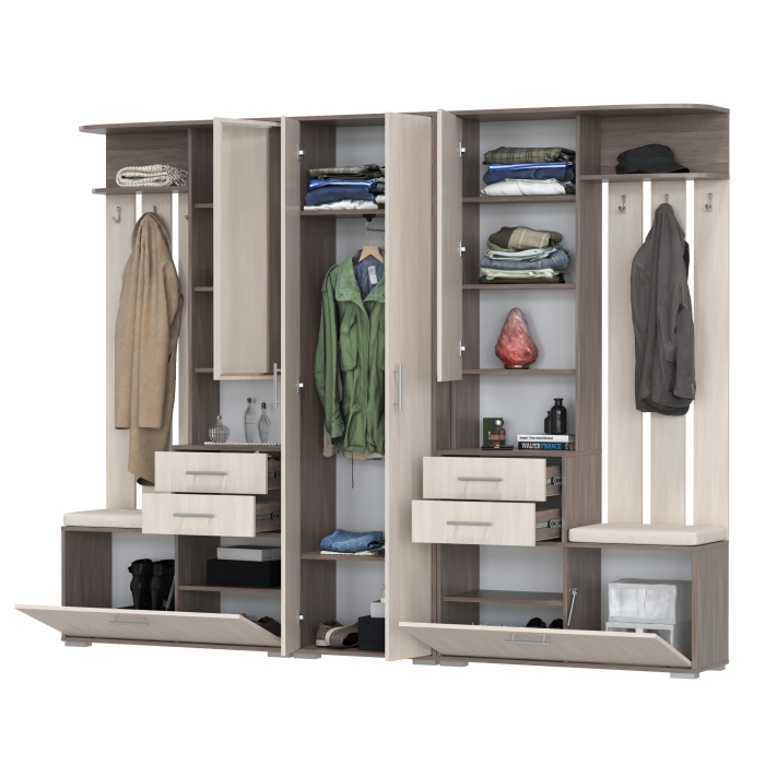 Прихожая Домино 3, цвет бодега тёмный/бодега светлый, ШхГхВ 260х36х202 см., универсальная сборка