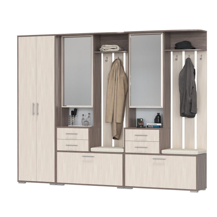 Прихожая Домино 3, цвет бодега тёмный/бодега светлый, ШхГхВ 260х36х202 см., универсальная сборка