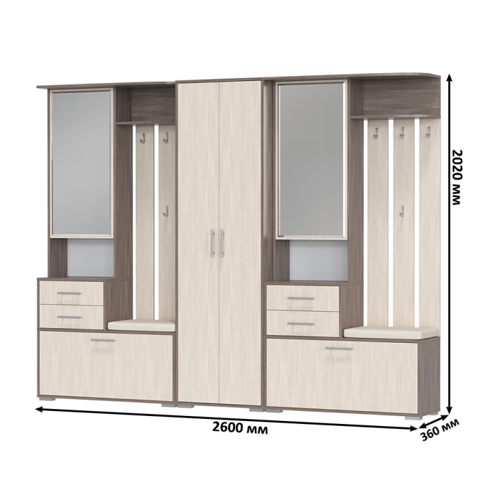 Прихожая Домино 3, цвет бодега тёмный/бодега светлый, ШхГхВ 260х36х202 см., универсальная сборка