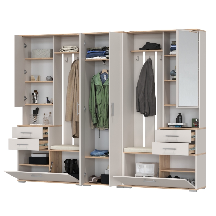 Прихожая Домино 3, цвет дуб крафт золотой/кашемир серый, ШхГхВ 260х36х202 см., универсальная сборка