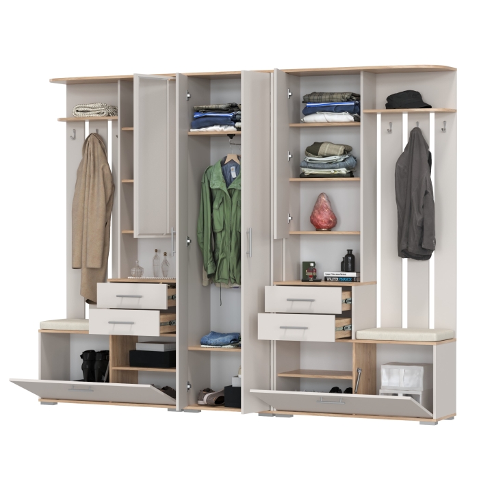 Прихожая Домино 3, цвет дуб крафт золотой/кашемир серый, ШхГхВ 260х36х202 см., универсальная сборка