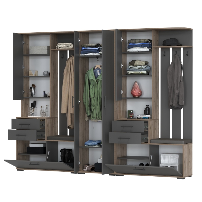 Прихожая Домино 3, цвет дуб крафт табачный/графит, ШхГхВ 260х36х202 см., универсальная сборка