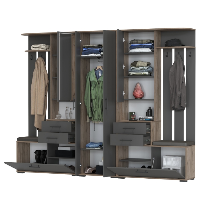 Прихожая Домино 3, цвет дуб крафт табачный/графит, ШхГхВ 260х36х202 см., универсальная сборка