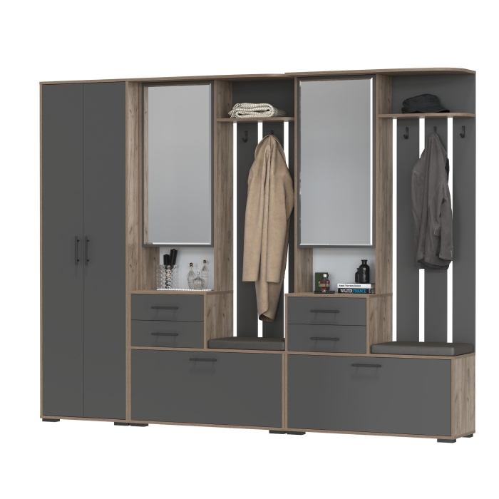 Прихожая Домино 3, цвет дуб крафт табачный/графит, ШхГхВ 260х36х202 см., универсальная сборка