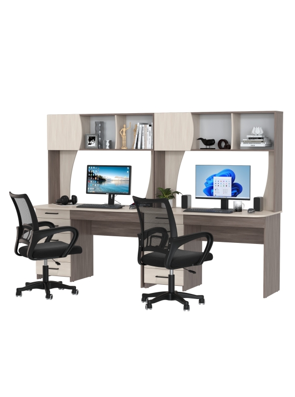 Два стола рабочих 6-0606 Сигма + два кресла 103 чёрных, цвет бодега тёмный/бодега светлый, ШхГхВ 241х60,5х166 см., НЕ универсальная сборка