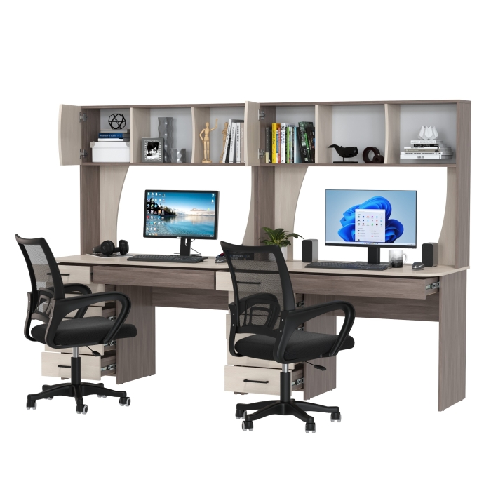 Два стола рабочих 6-0606 Сигма + два кресла 103 чёрных, цвет бодега тёмный/бодега светлый, ШхГхВ 241х60,5х166 см., НЕ универсальная сборка