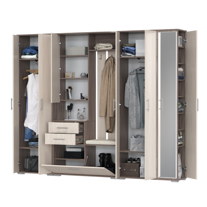 Прихожая Домино 6, цвет бодега тёмный/бодега светлый, ШхГхВ 248х36х202 см., универсальная сборка