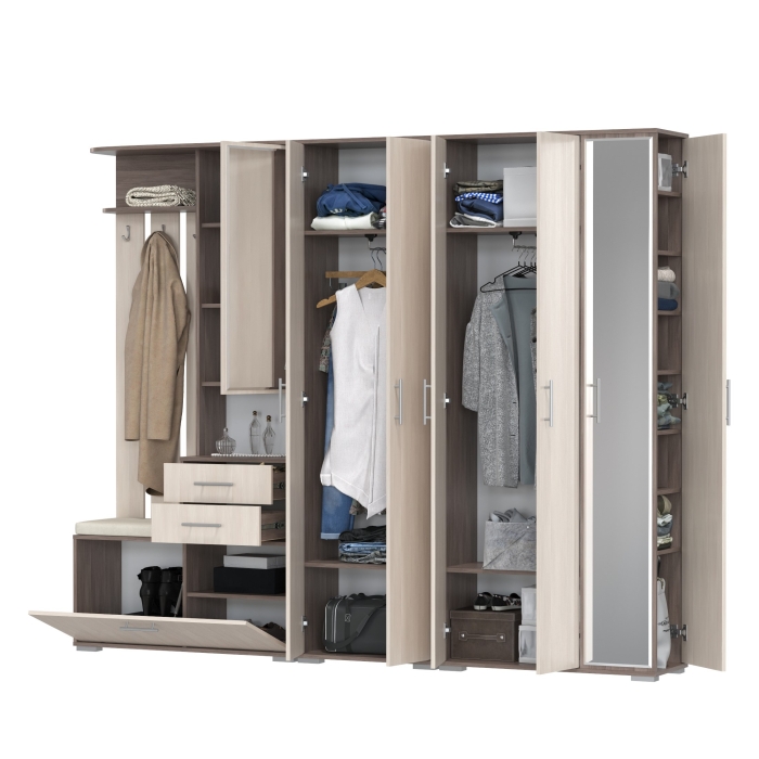 Прихожая Домино 6, цвет бодега тёмный/бодега светлый, ШхГхВ 248х36х202 см., универсальная сборка