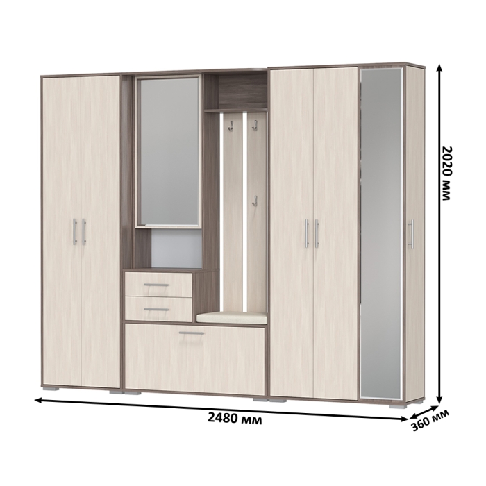 Прихожая Домино 6, цвет бодега тёмный/бодега светлый, ШхГхВ 248х36х202 см., универсальная сборка