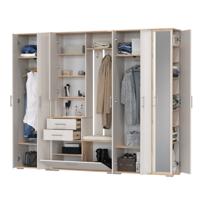Прихожая Домино 6, цвет дуб крафт золотой/кашемир серый, ШхГхВ 248х36х202 см., универсальная сборка