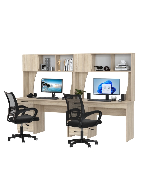 Два стола рабочих 6-0606 Сигма + два кресла 103 чёрных, цвет дуб сонома, ШхГхВ 241х60,5х166 см., НЕ универсальная сборка