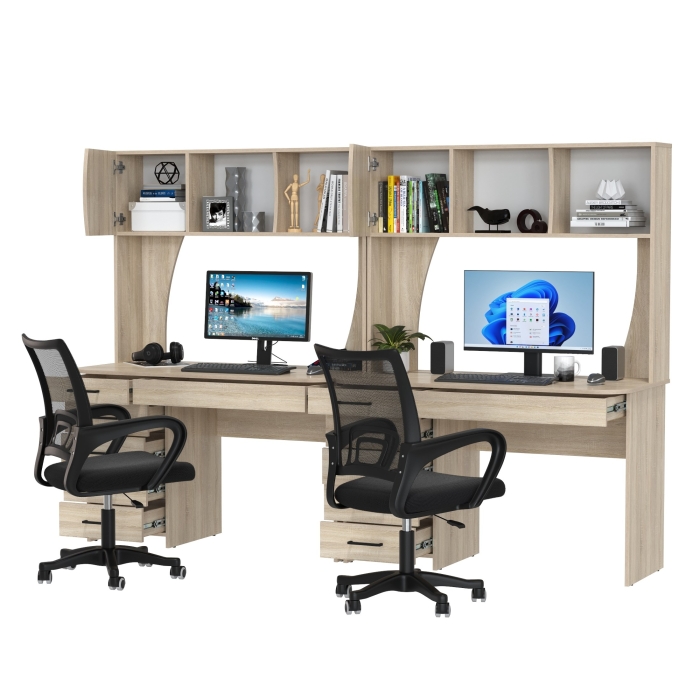 Два стола рабочих 6-0606 Сигма + два кресла 103 чёрных, цвет дуб сонома, ШхГхВ 241х60,5х166 см., НЕ универсальная сборка