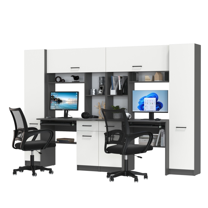 Два стола рабочих 6-0603 Альфа + два кресла 103 чёрных, цвет графит/белый, ШхГхВ 274х61х181 см., универсальная сборка