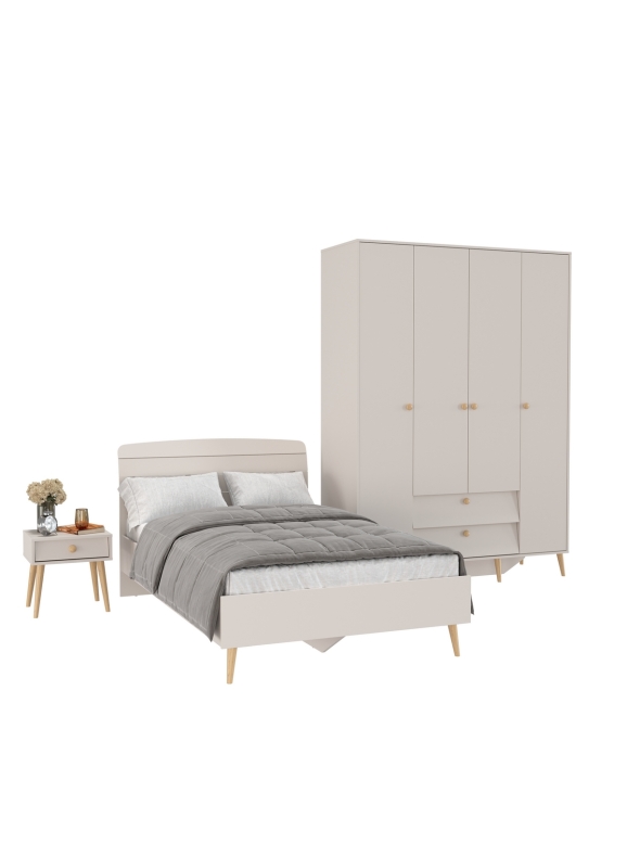 Афина Спальня Кровать 1200 + Шкаф 4-х дверный + Тумба, цвет кашемир серый, 123,6х210,2х95,7 + 160х56,3х220 + 45х37х45 см., 1200х2000, б/м, осн. есть