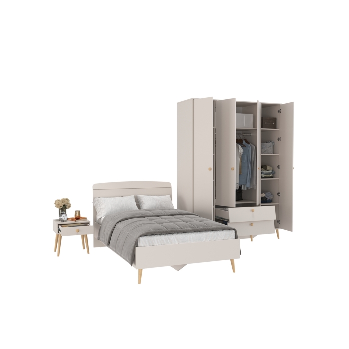 Афина Спальня Кровать 1200 + Шкаф 4-х дверный + Тумба, цвет кашемир серый, 123,6х210,2х95,7 + 160х56,3х220 + 45х37х45 см., 1200х2000, б/м, осн. есть
