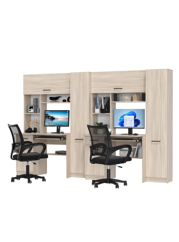 Два стола рабочих 6-0603 Альфа + два кресла 103 чёрных, цвет ясень шимо светлый, ШхГхВ 274х61х181 см., универсальная сборка