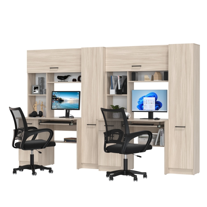 Два стола рабочих 6-0603 Альфа + два кресла 103 чёрных, цвет ясень шимо светлый, ШхГхВ 274х61х181 см., универсальная сборка