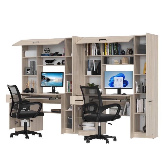 Два стола рабочих 6-0603 Альфа + два кресла 103 чёрных, цвет ясень шимо светлый, ШхГхВ 274х61х181 см., универсальная сборка