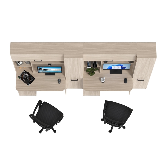 Два стола рабочих 6-0603 Альфа + два кресла 103 чёрных, цвет ясень шимо светлый, ШхГхВ 274х61х181 см., универсальная сборка