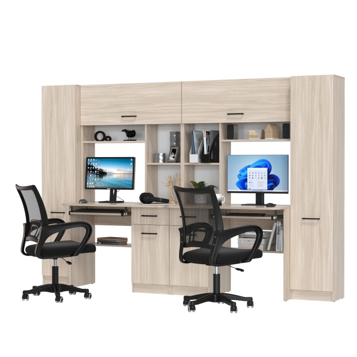 Два стола рабочих 6-0603 Альфа + два кресла 103 чёрных, цвет ясень шимо светлый, ШхГхВ 274х61х181 см., универсальная сборка