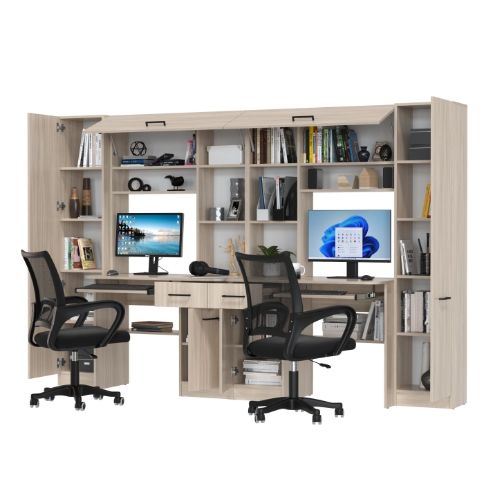 Два стола рабочих 6-0603 Альфа + два кресла 103 чёрных, цвет ясень шимо светлый, ШхГхВ 274х61х181 см., универсальная сборка