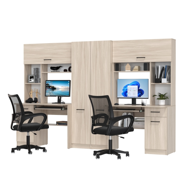 Два стола рабочих 6-0603 Альфа + два кресла 103 чёрных, цвет ясень шимо светлый, ШхГхВ 274х61х181 см., универсальная сборка