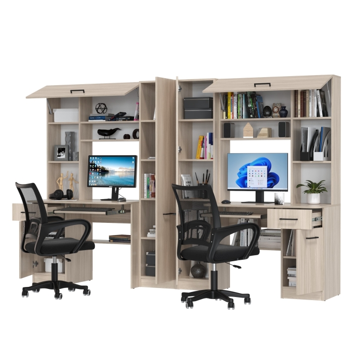 Два стола рабочих 6-0603 Альфа + два кресла 103 чёрных, цвет ясень шимо светлый, ШхГхВ 274х61х181 см., универсальная сборка