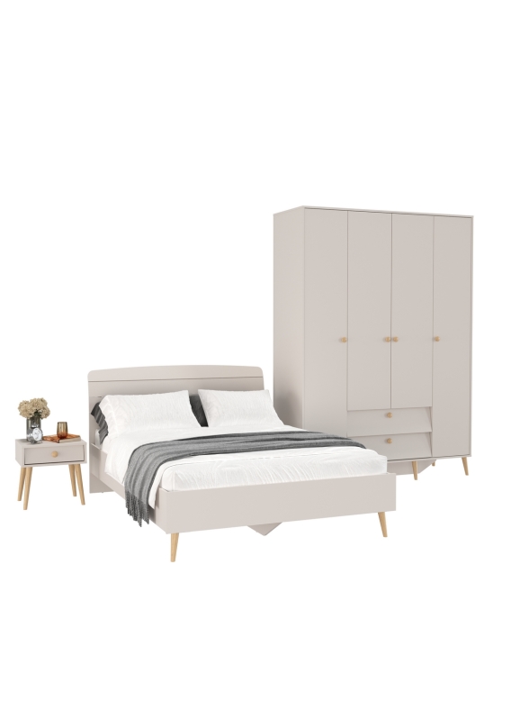 Афина Спальня Кровать 1400 + Шкаф 4-х дверный + Тумба, цвет кашемир серый, 144,6х210,2х95,7 + 160х56,3х220 + 45х37х45 см., 1400х2000, б/м, осн. есть
