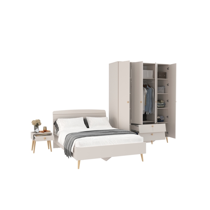 Афина Спальня Кровать 1400 + Шкаф 4-х дверный + Тумба, цвет кашемир серый, 144,6х210,2х95,7 + 160х56,3х220 + 45х37х45 см., 1400х2000, б/м, осн. есть
